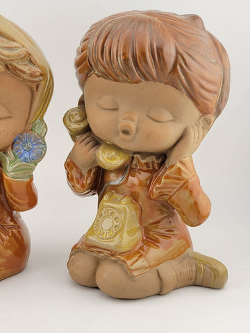 Vintage Set Of 2 Genuine Stoneware Girl Figurines Terracotta Made In Japan