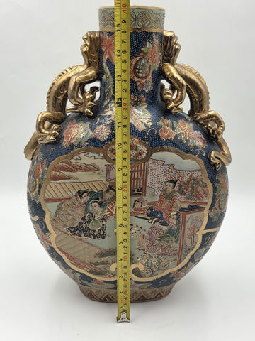 Vintage Royal Satsuma Moon Flask Bottle Vase Gold Gilt Dragon Handles Large 14"