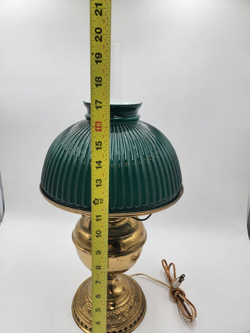 Antique Converted Holmes Booth & Haydens Brass Oil Lamp Ribbed Cased Green Shade