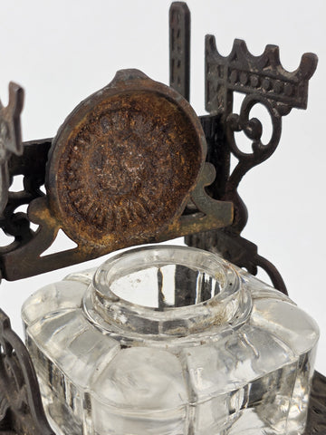 Antique TATUM'S Postal Ink Stand Cast Iron Glass Inkwell Quill & Envelope Holder