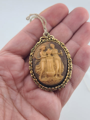 Rare Antique 19th C Victorian Glass Cameo Locket & Hair Pin Gilt Brass Classical