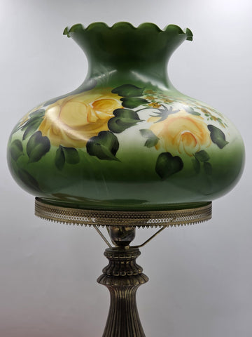 Antique Victorian Style Hurricane Lamp Electric Floral Shade Ornate Brass Base