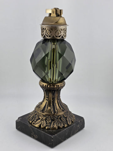 Rare Antique Bohemian Amber Cut Crystal & Brass On Marble Ornate Table Lighter.