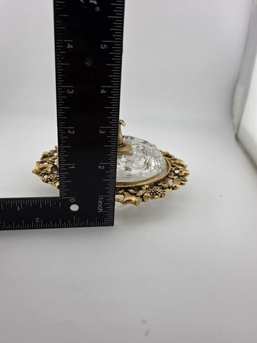 Antique Victorian Ormolu Cut Crystal Covered Vanity Dish W Floral Lid, C 1890.