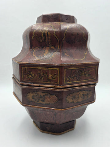 Early 19th C Chinese Qing Dynasty Red Lacquer Wedding Gift Basket Gilt Figures