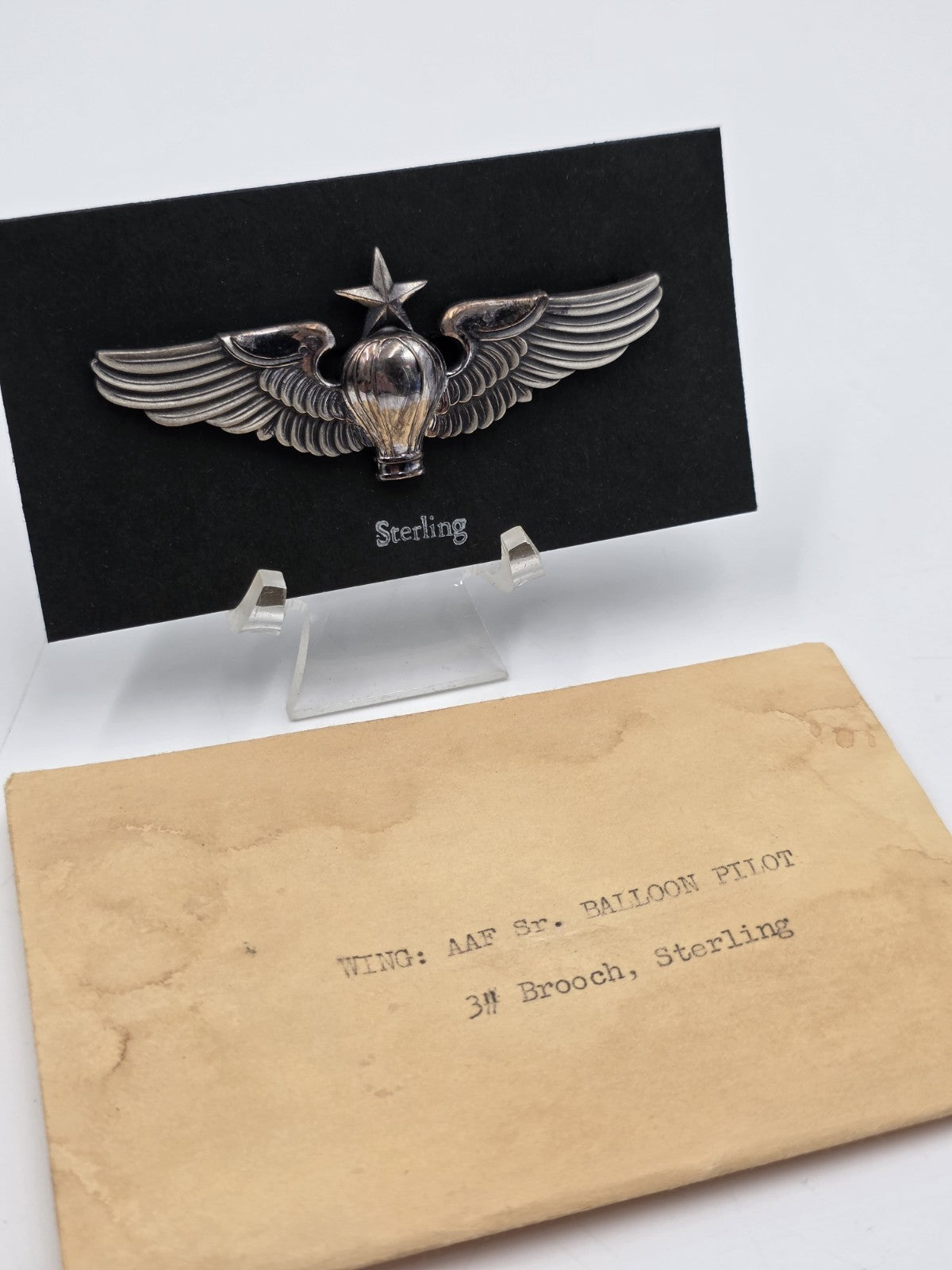 WWII USAAF Senior Balloon Pilot Wings LGB Sterling 3" Pinback W Original Package