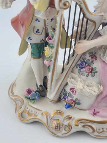 Antique Sitzendorf Germany Porcelain Musical Couple Figurine Lace Harp Flute