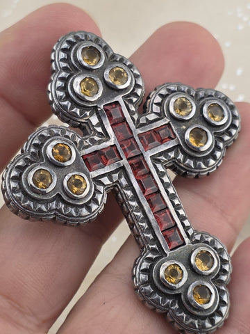 Vintage 8.45ctw Gemstone Cross Pendant 925 Sterling Silver Citrine Garnet Brooch