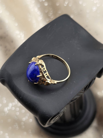 Antique 10K Solid Gold Lapis Lazuli Cabochon Ring Ornate Blue Statement. 6.75.