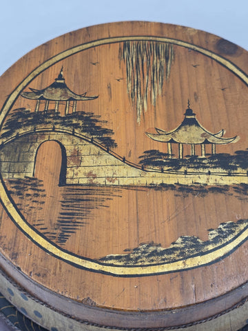 Antique Asian Hand Painted Rice Barrel Wooden Lidded Storage Bucket Bird Pagoda