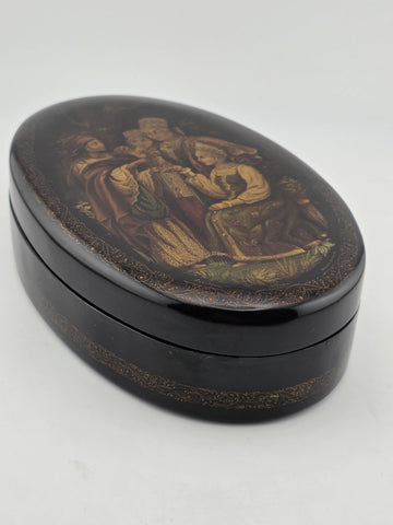Vintage Russian Fedoskino Lacquer Box Hand Painted Signed Oval Folk Art Jewelry