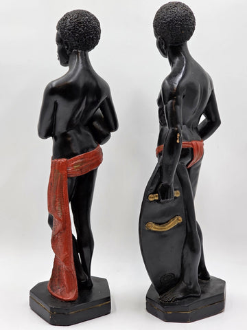 Vintage Nude African Woman & Warrior W Shield MARWAL chalkware Sculpture 19.5"