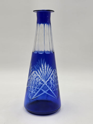 Bohemian Cobalt Cut to Clear Crystal Vase 10” Starburst Fan Pattern Vintage