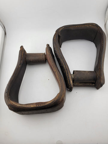 Antique Horse Western Stirrups Saddle Tack Floral Handmade Leather Covered Pair