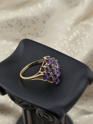 Antique 10K Solid Gold Amethyst Cluster Ring Diamond Accents Size 7.5 W Box.