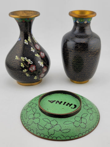 Gorgeous Assortment Of Mid Century  Cloisonne Including 2 VASES & 1 Plate.