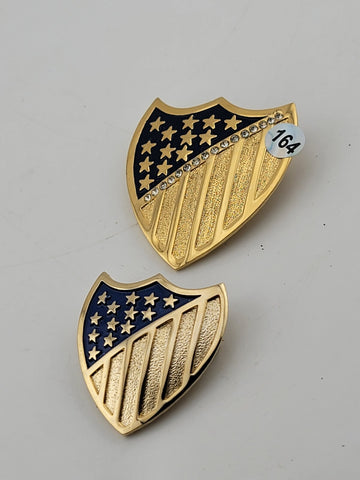 Lot Of 2 Crest Shield 13 Stars &Stripes 16 Clear Rhinestones Vintage Gold Brooch