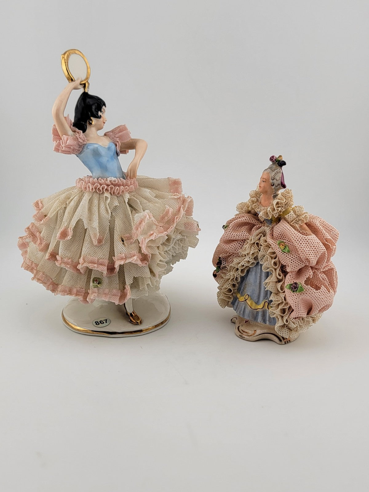 Set Of 2 Volkstedt Germany Dresden Lace Small Ballerina Pink Porcelain Figurines