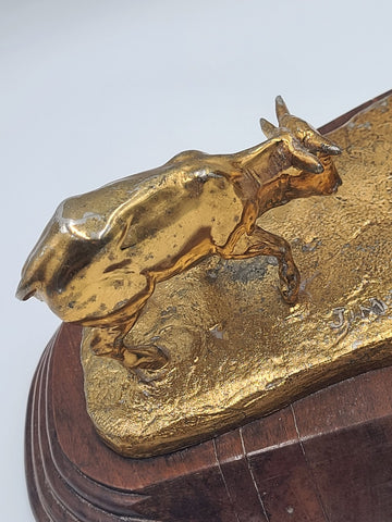 15 In Jim Reno Cutting Horse &Steer Rodeo Brass Trophy Sculpture Gold Color NCHA