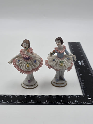 Vintage Dresden Style Porcelain Lace Ballerina Dancer Figurines Pair German 4"
