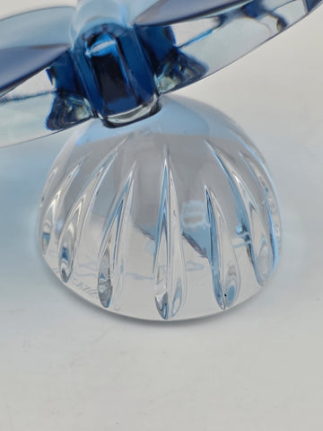 Vintage Waterford Crystal Blue Butterfly Figurine: Ribbed Pedestal Paperweight