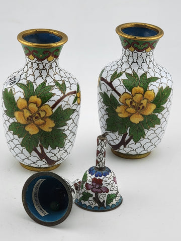 Gorgeous Assortment Of Mid Century  Cloisonne Including 2 VASES & 2 Baby Bells.