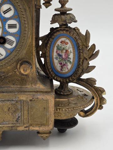 Private: 19th Century Brass & Porcelain Mantel Clock w Eight Day Movement. Works
