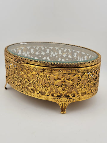 Vintage 1950s Hollywood Regency Ormolu Jewelry Casket Beveled Glass Filigree Box