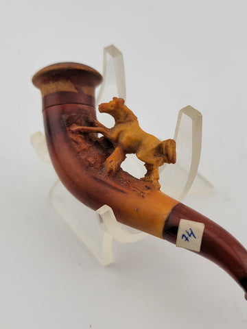 Antique 19th C ECHT German Meerschaum & Amber Pipe Horse Theme W Original Case.