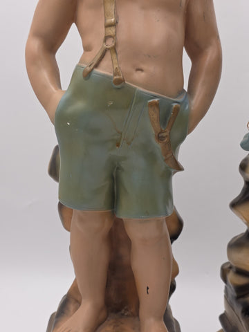 Paor huge 1920 French Art Deco Chalkware polychrome boy & girl figurine statues