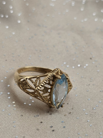 Antique 14K Solid Gold Blue Topaz Marquise Ring Filigree Estate Size 8 W Box.