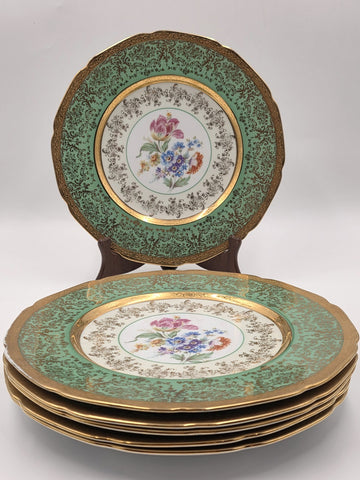 Set Of 6 Vintage Le mieux China 24K Gold Trim Mint Green Floral Cabinet Plates
