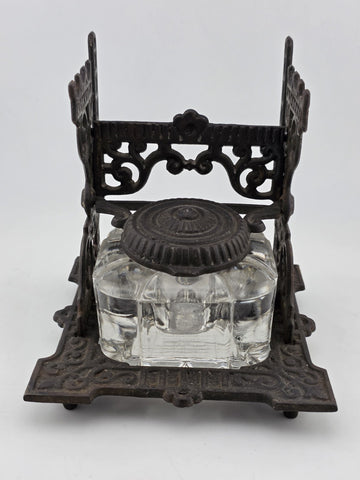 Antique TATUM'S Postal Ink Stand Cast Iron Glass Inkwell Quill & Envelope Holder