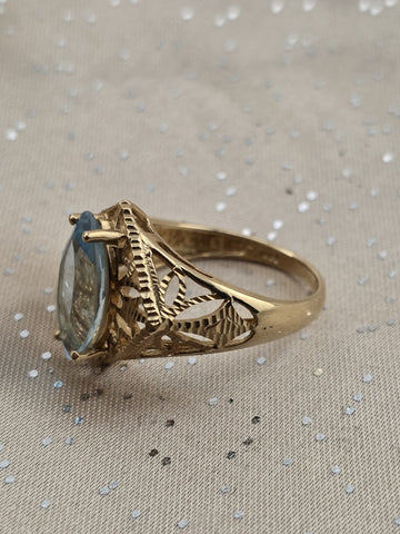 Antique 14K Solid Gold Blue Topaz Marquise Ring Filigree Estate Size 8 W Box.