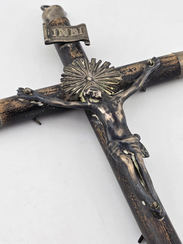 Antique 19th C Crucifix Metal Jesus On Wood Cross W Rare Tips Memento Mori Skull