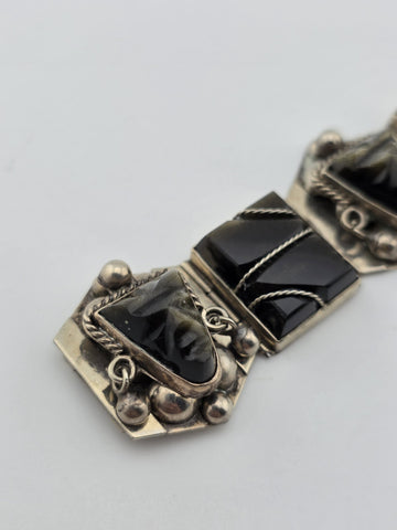 VINTAGE Mexican TAXCO STERLING SILVER 925 BRACELET & Earrings Obsidian Tribal.