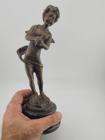 Antique 19th C Bronze Cupid Statue Clément Moreau Sculpture on Marble Base 9"