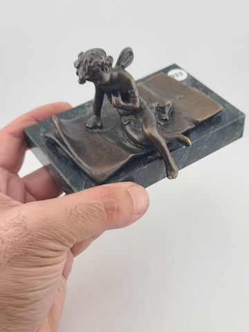 Ernest Justin Ferrand Bronze Winged Cupid Sculpture On Marble Base French Art