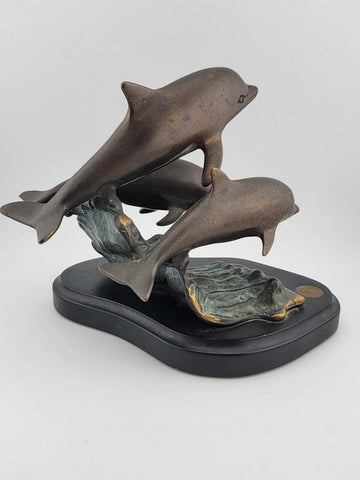 Vintage SPI Three Bronze Dolphin  Leaping Sculpture Figurine Signed  Marble Base