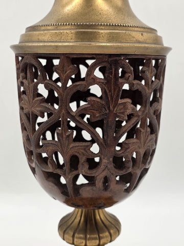 Rare Antique Solid Brass/Cast Iron Two-Tone Lidded Filigree Cut Decorative Urn