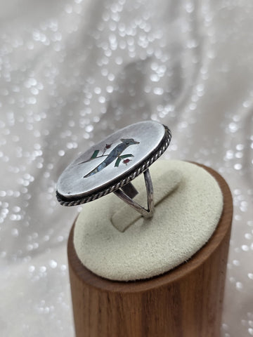 VTG  TAXCO M-5 MEXICO STERLING SILVER RING WITH BIRD INLAY MULTI COLOR STONES