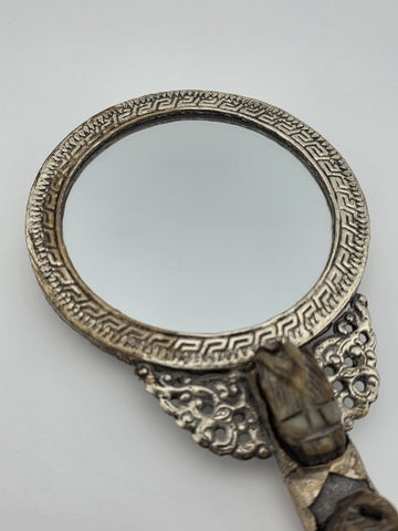 Rare Antique Chinese Ornate Jade and Silver  Carved Dragon Hand Mirror