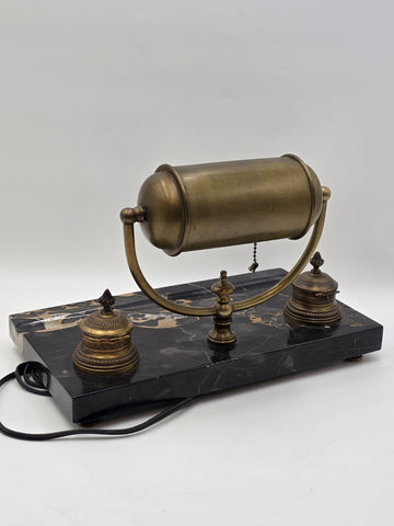 1920 Art Deco Brass Barrel Desk Lamp on Portoro Marble Base Dual Brass Inkwells