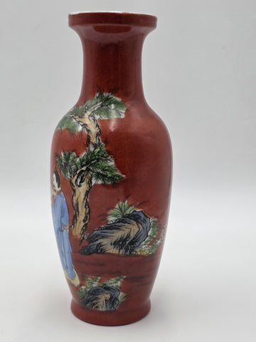 Antique Chinese Republic Famille Rose Coral Red Scholar Vase Qianlong Mark 10"