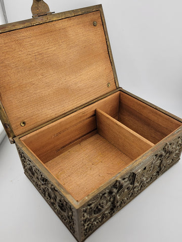 Antique Victorian Renaissance 1880 German Brass Repousse Jewelry Casket/ Trinket