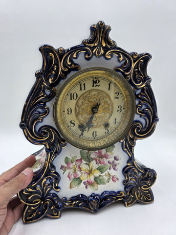 1889 WATERBURY Parlor No.98 Victorian Cobalt Blue Porcelain Ceramic Mantel Clock