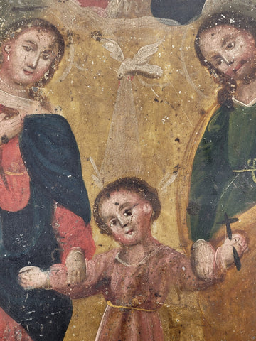 Early 19th Century Spanish Colonial/Mexican Icon Holy Family Oil on Tin Retablo