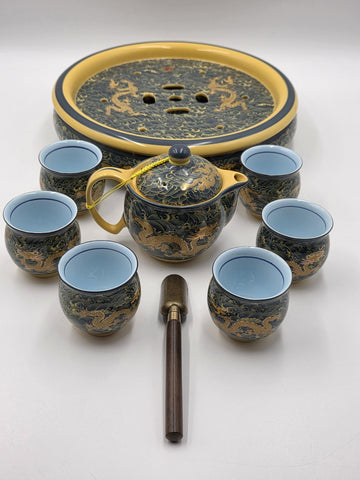 Chinese Qianlong Mark Porcelain Dragon Gongfu Tea Set Teapot 6 Cups Tray. New.