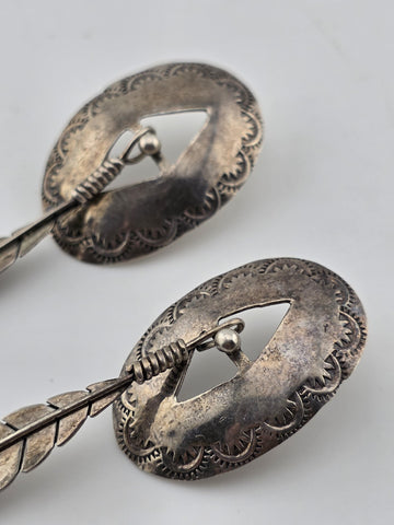 Antique Native American 925 Sterling Silver Earrings Concho Feather Dangle