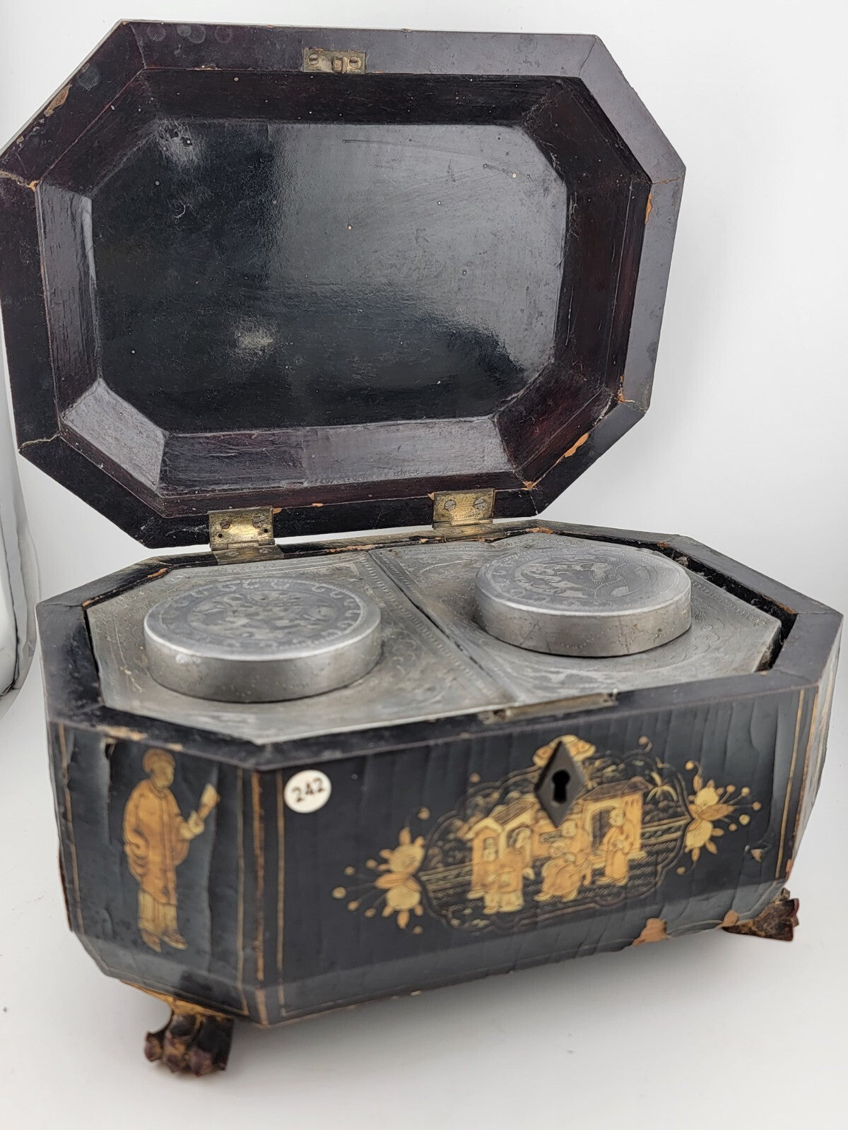 Rare 1800's Antique Chinese Gilt Lacquered Tea Caddy w/ Pewter Containers.